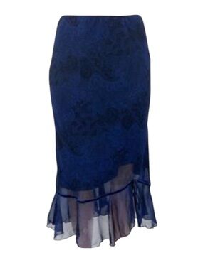Vintage Chiffon Midi Skirt Ruffle Hem Blue Lace Print Whimsygoth Coquette Fairy